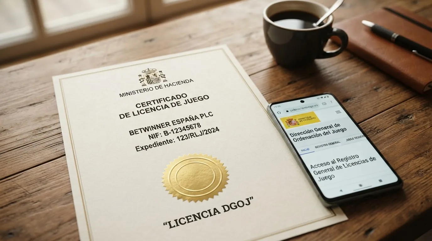 Un documento oficial con el sello de la DGOJ sobre una mesa junto a un móvil mostrando el dominio .es de un casino