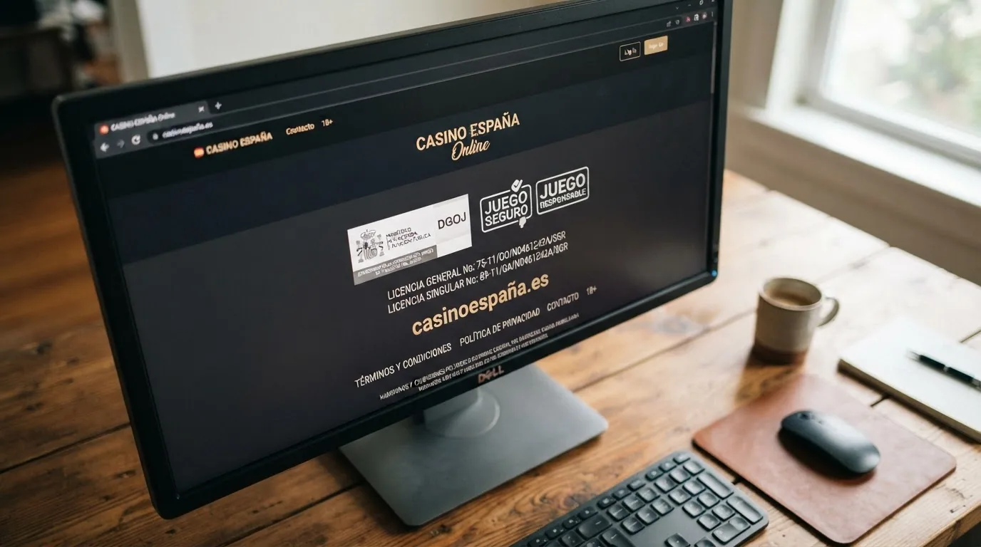 Pie de página de un casino online español con el sello de la DGOJ, el número de licencia y el dominio .es visibles