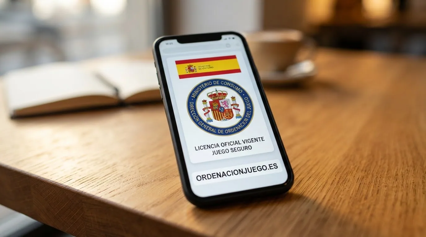 Un sello oficial con la bandera de España y las siglas DGOJ junto a la URL ordenacionjuego.es en una pantalla