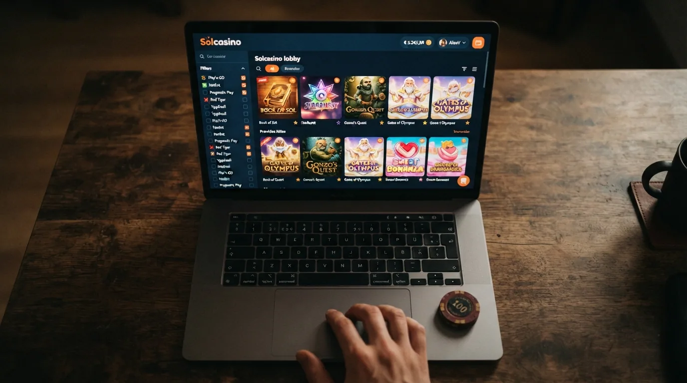 Lobby de slots de Solcasino con carátulas y filtros por proveedor