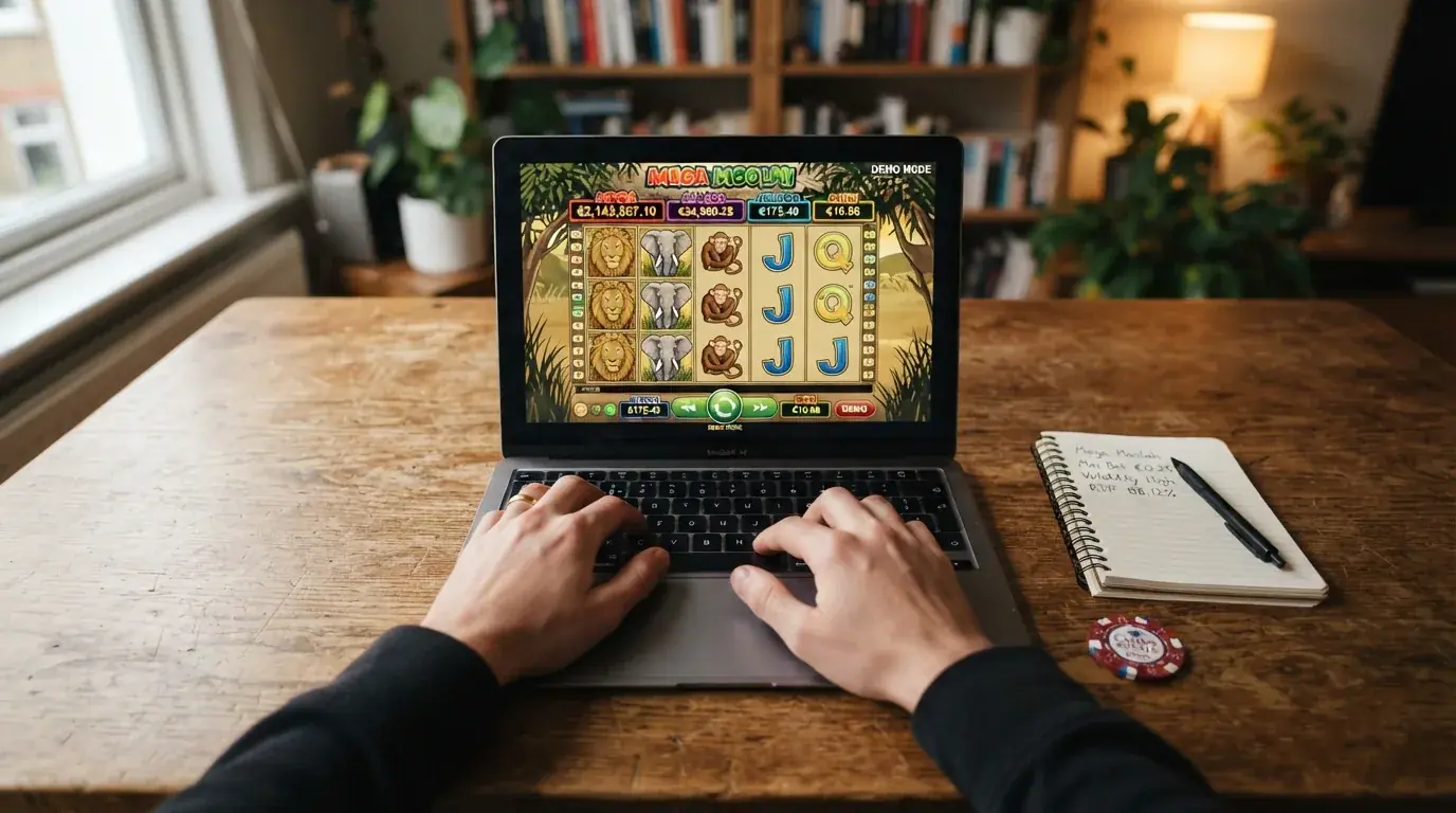 Interfaz de Mega Moolah en modo demo con el saldo ficticio visible y los controles de juego en pantalla