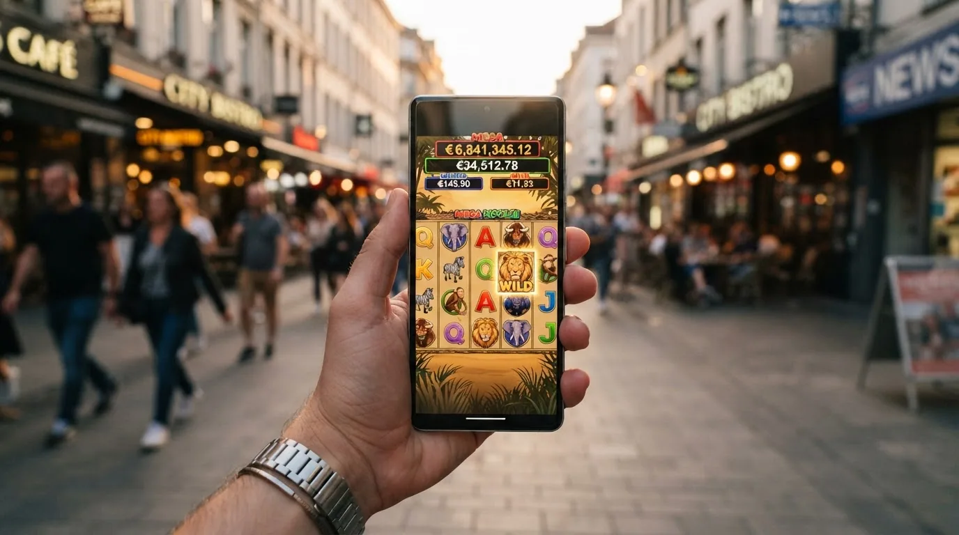 Mega Moolah ejecutandose en la pantalla de un telefono smartphone con la interfaz tactil adaptada al formato vertical