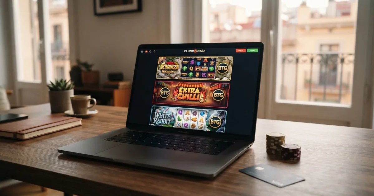 Collage de los slots más representativos de Big Time Gaming sobre el fondo de la interfaz de un casino online español