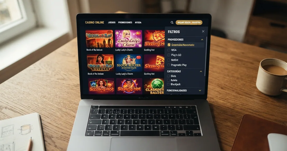 Pantalla de lobby de un casino online español con el filtro de proveedor abierto mostrando Greentube/Novomatic entre las opciones