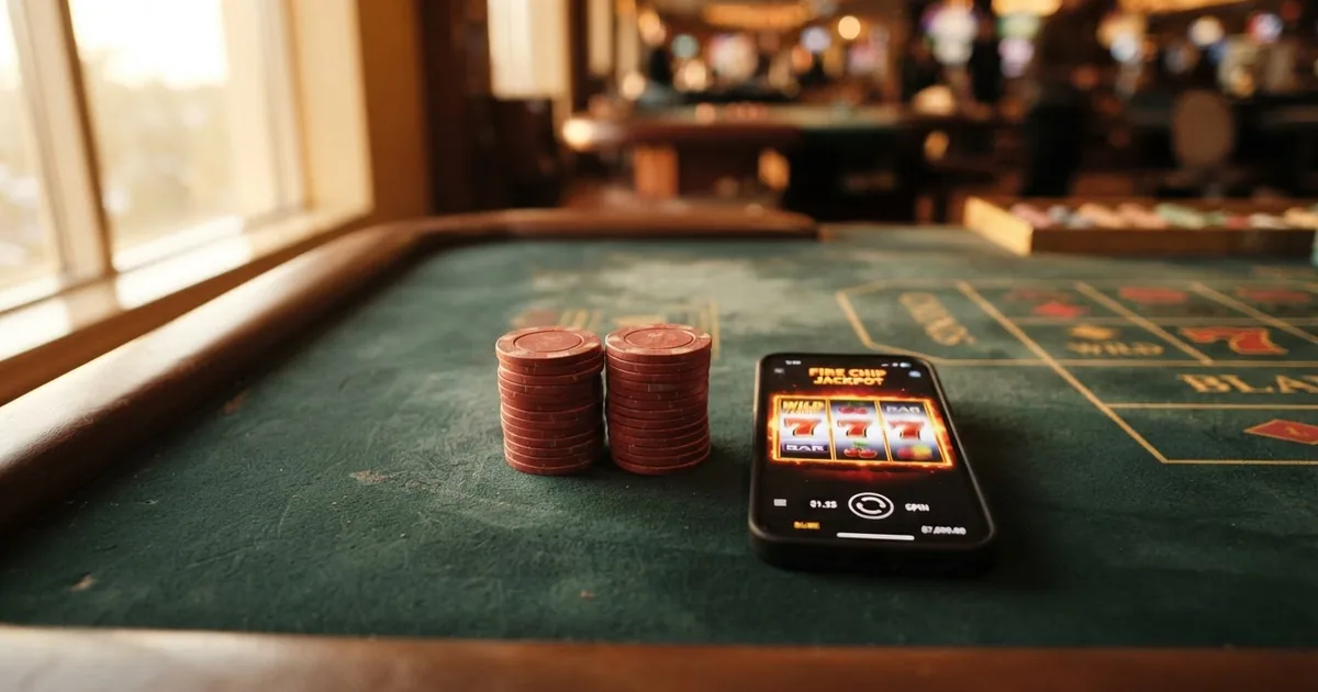 fichas de casino y pantalla con slots Play'n GO sobre una mesa de juego