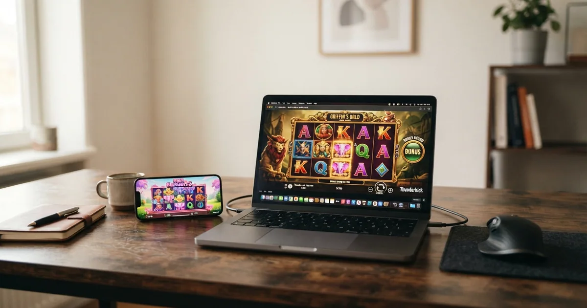 Collage de slots Thunderkick en pantalla de ordenador y móvil con el logo del proveedor
