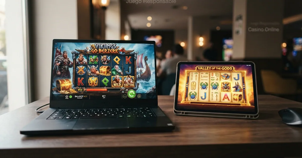 Collage de las slots Yggdrasil más reconocibles — Vikings Go Berzerk y Valley of the Gods — sobre un fondo inspirado en el entorno de casino online español