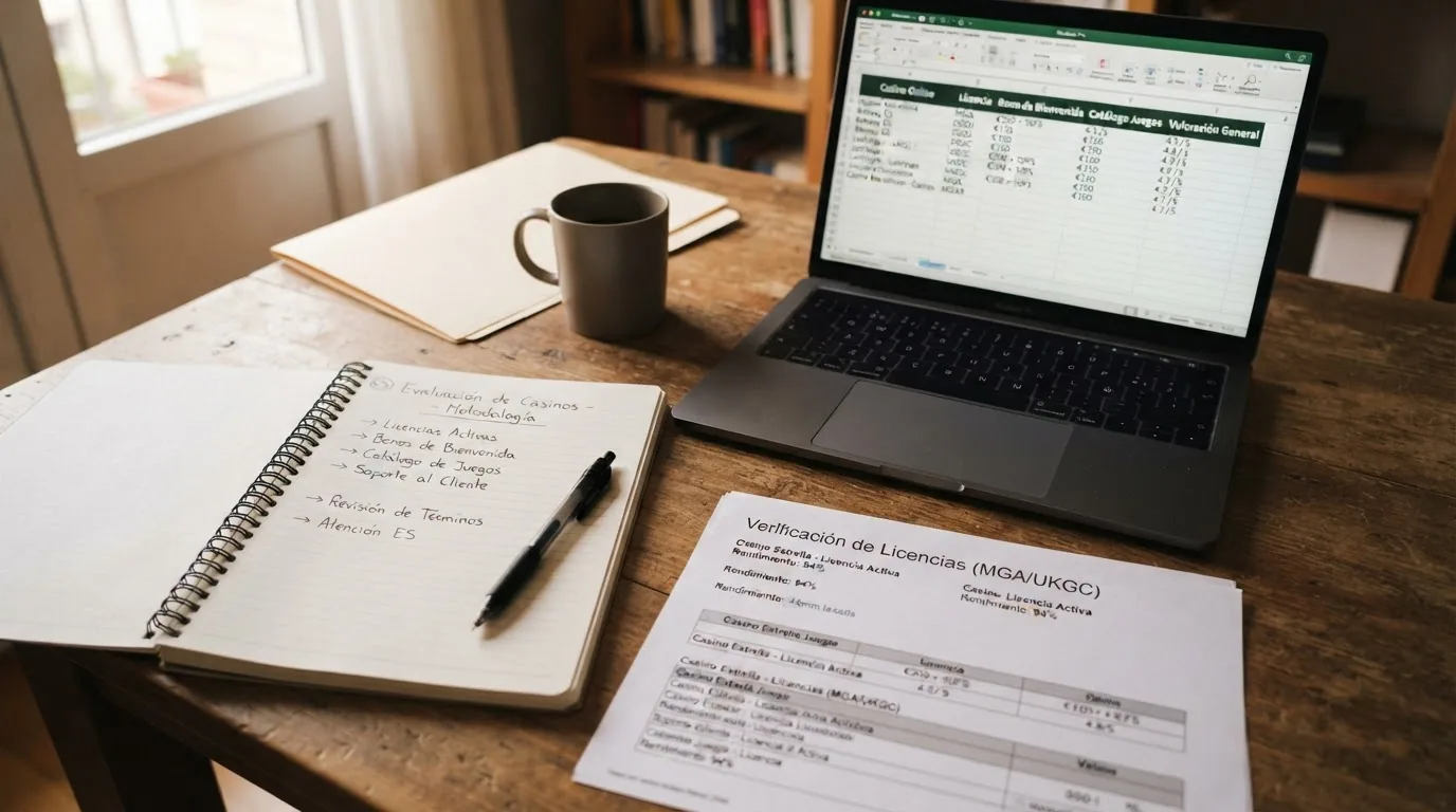 Documentación de licencias y fichas de evaluación sobre una mesa de trabajo con elementos de verificación