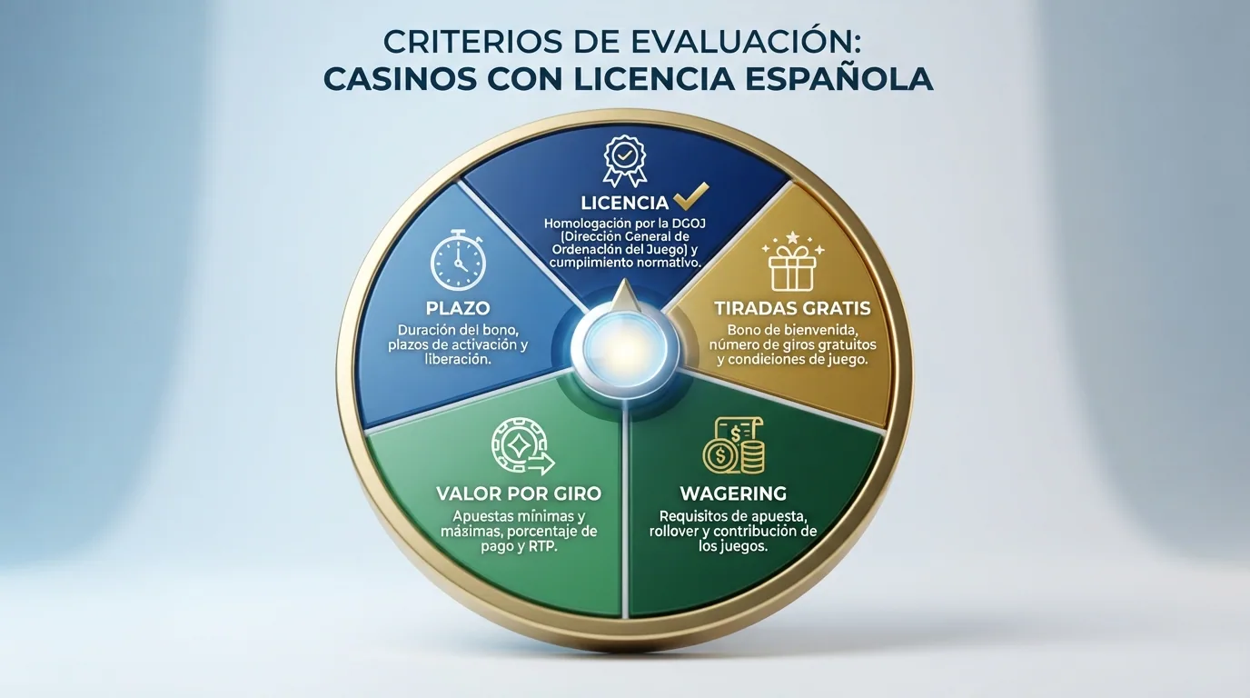 Iconos de los criterios de evaluación (licencia, tiradas gratis, wagering, valor por giro, plazo) dispuestos en una rueda o checklist visual