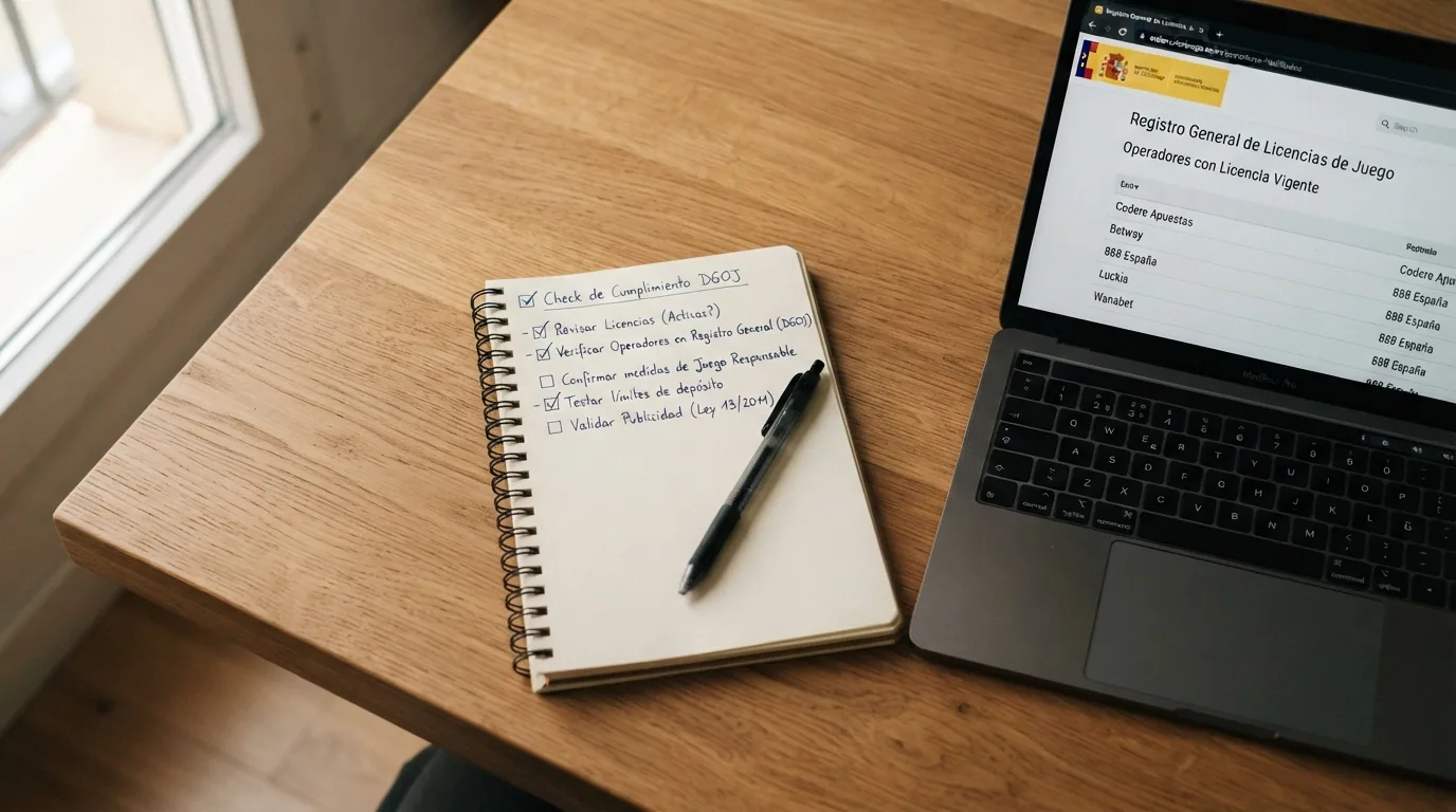Escritorio de trabajo con checklist y pantalla mostrando el registro de operadores de la DGOJ, libreta con anotaciones a mano