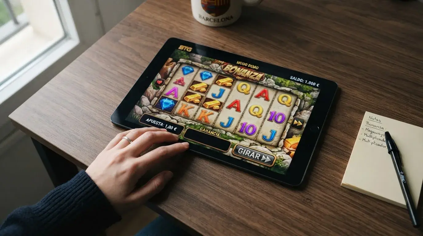 Interfaz del modo demo de una tragaperras de BTG con el saldo ficticio en euros visible en pantalla