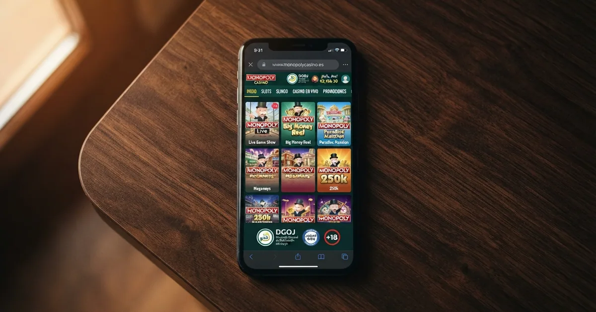 interfaz principal de Monopoly Casino en su dominio .es con el logotipo y acceso a juegos destacados