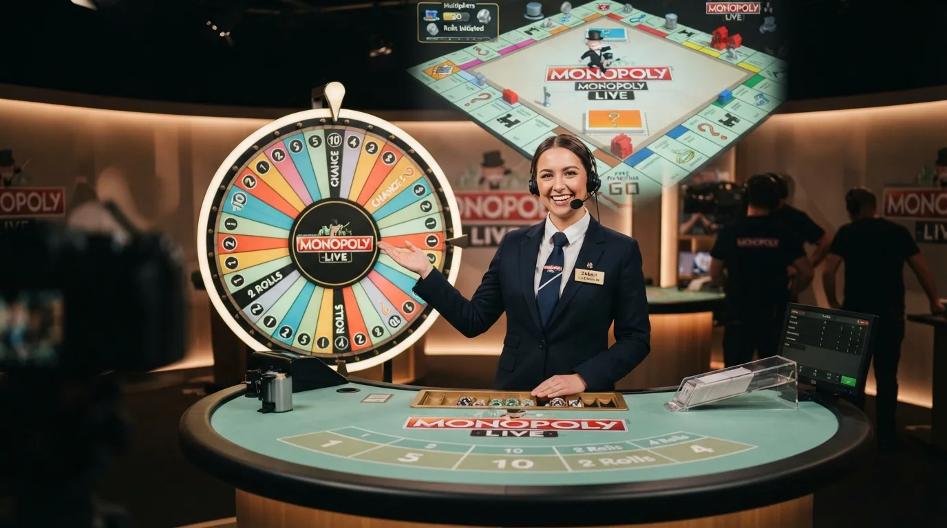 mesa de Monopoly Live con crupier real y la ruleta de segmentos en pantalla