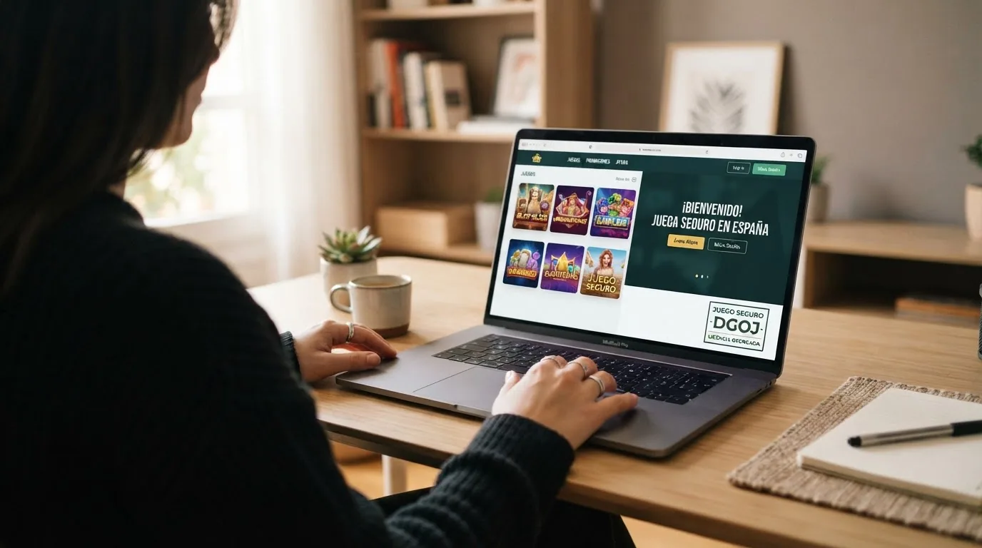 Vestíbulo de un casino online recién lanzado con distintivo de licencia DGOJ y una promoción de bienvenida destacada