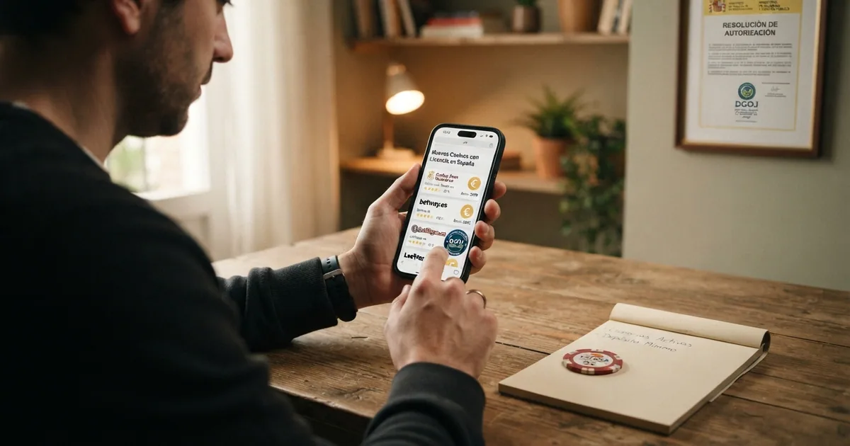 Jugador consultando una lista de casinos nuevos españoles con el sello DGOJ visible