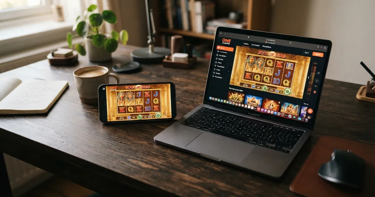 Captura de la web de One Casino mostrando el lobby principal de tragaperras en navegador de escritorio y móvil