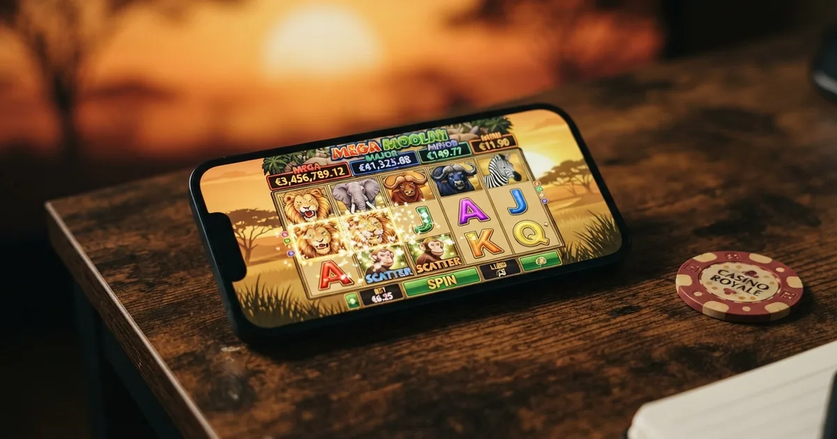 Pantalla del juego base de Mega Moolah con los cinco carretes, los simbolos safari y el marcador del bote progresivo en la parte superior