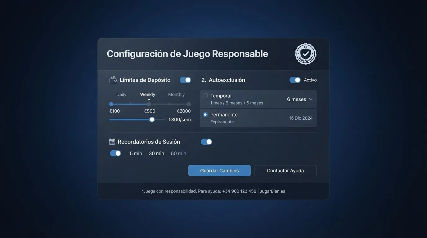 Panel de configuración de límites de depósito y autoexclusión en la interfaz de un casino online regulado