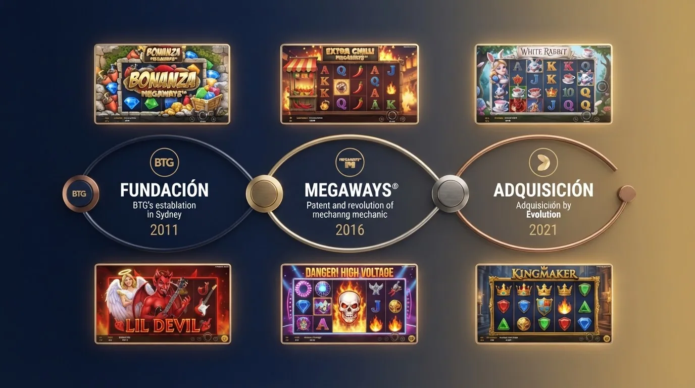 Logotipo de Big Time Gaming junto a una línea de tiempo visual con sus slots más emblemáticos