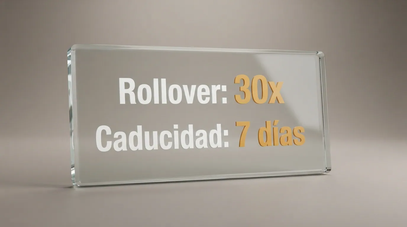 Ejemplo visual de los términos y condiciones de un bono sin depósito con las cifras de rollover y plazo resaltadas