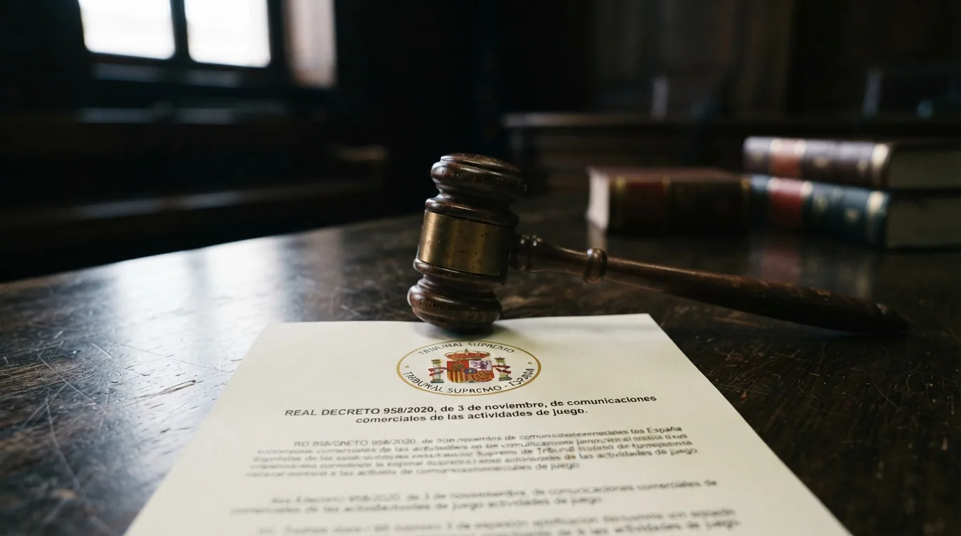 Un mazo de juez sobre un documento con el escudo del Tribunal Supremo y el texto RD 958/2020 visible