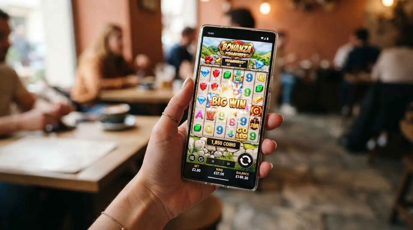 Un slot de Big Time Gaming ejecutándose en un teléfono móvil en orientación vertical con la interfaz táctil visible
