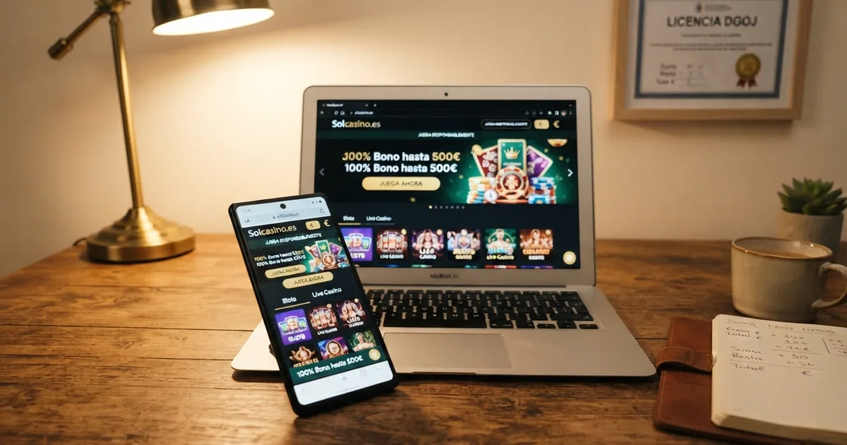 Vista del portal Solcasino en escritorio y móvil con dominio .es