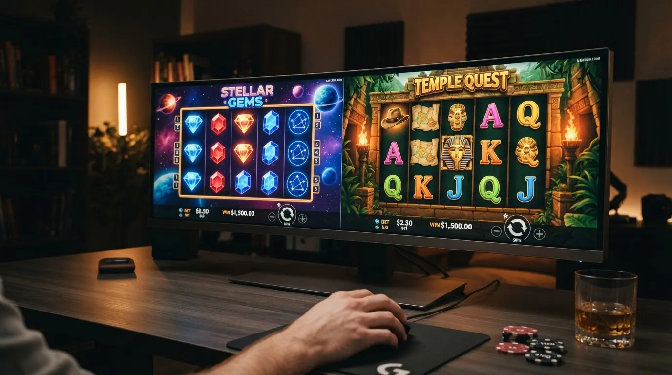 Pantalla de juego de Starburst junto a Gonzo's Quest mostrando sus cuadrículas y mecánicas distintivas
