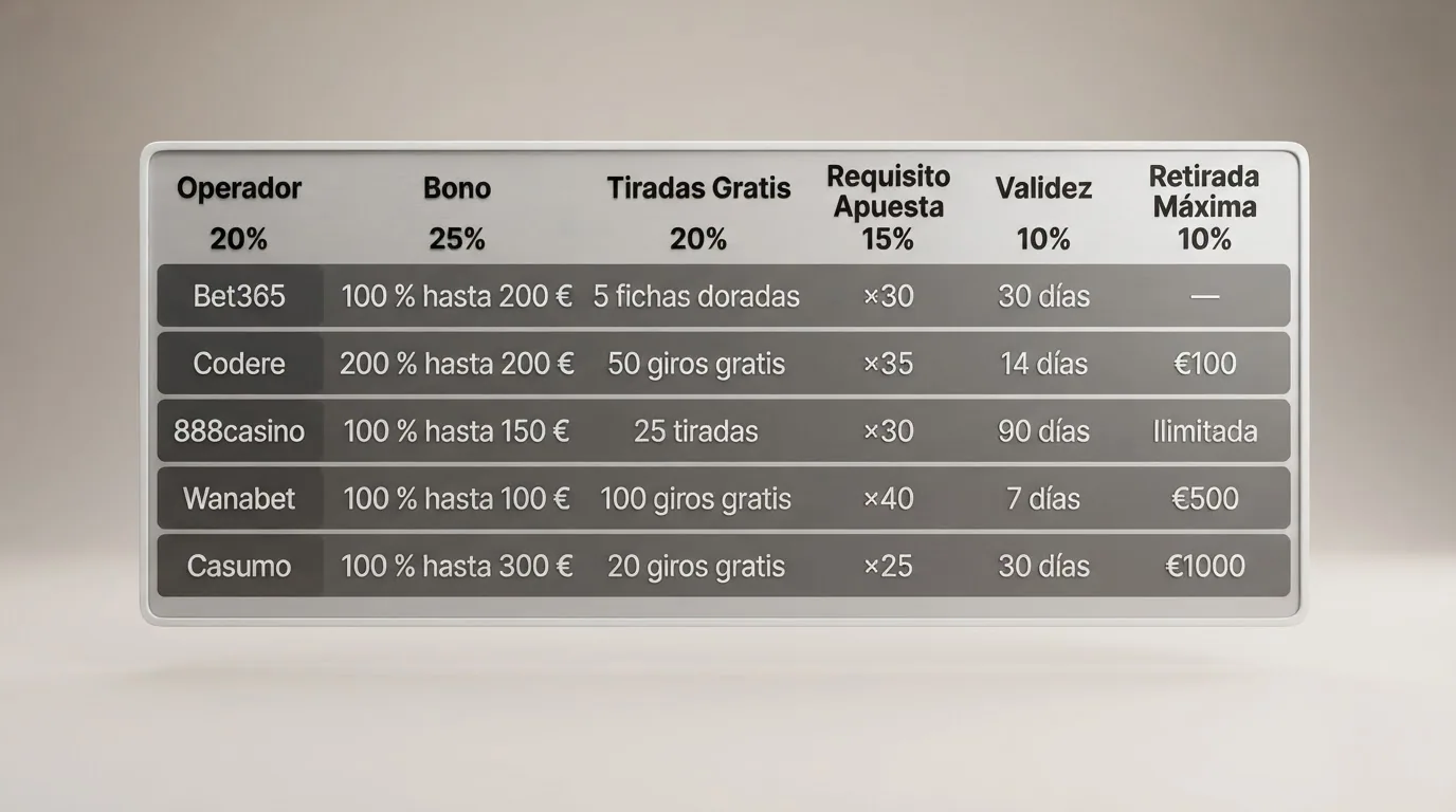 Tabla comparativa de requisitos de apuesta en casinos DGOJ
