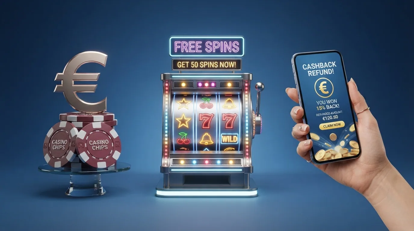 Comparación visual de los tres formatos principales: bono en metálico, tiradas gratis y cashback