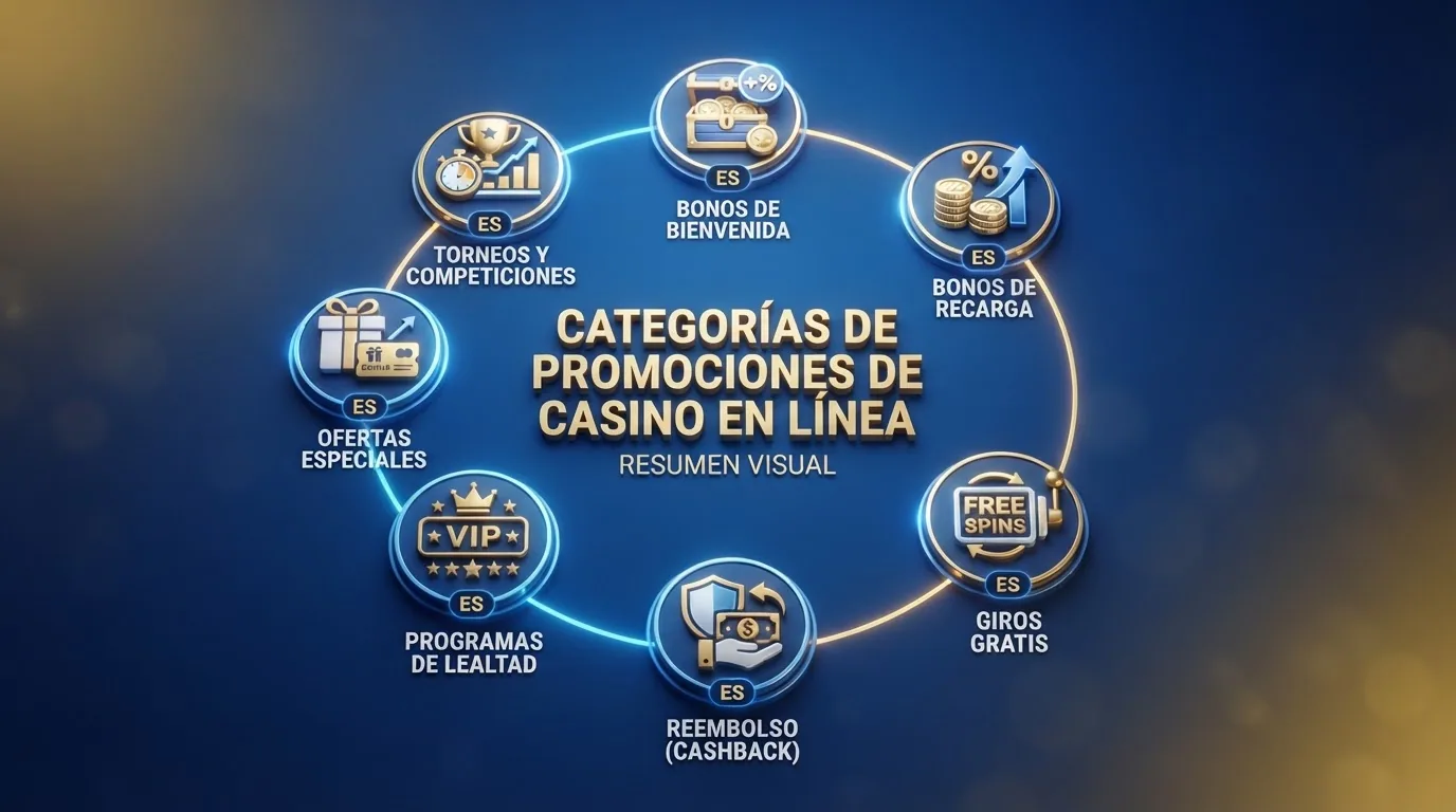 Infografía que resume las categorías de promociones disponibles en casinos online como bonos de bienvenida, tiradas gratis y programas de fidelidad