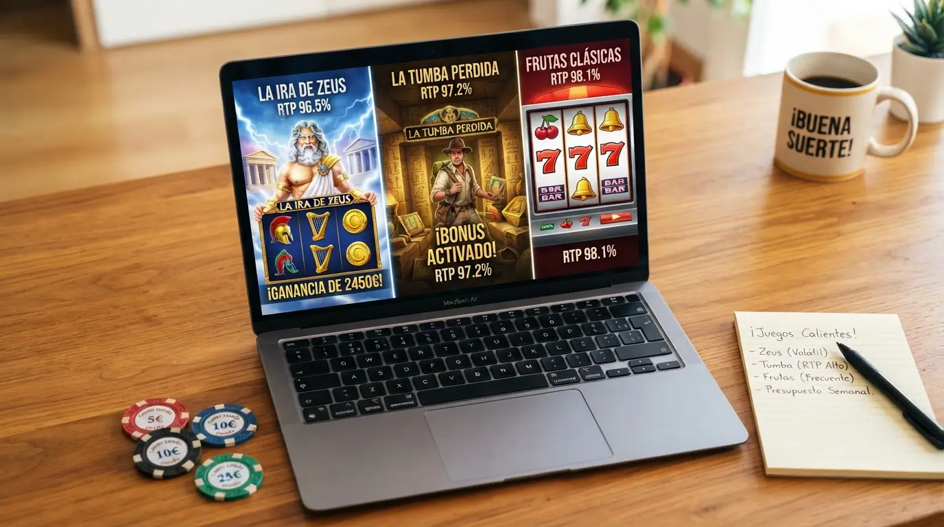 Collage de las tragaperras más jugadas en casinos nuevos españoles con sus RTP visibles