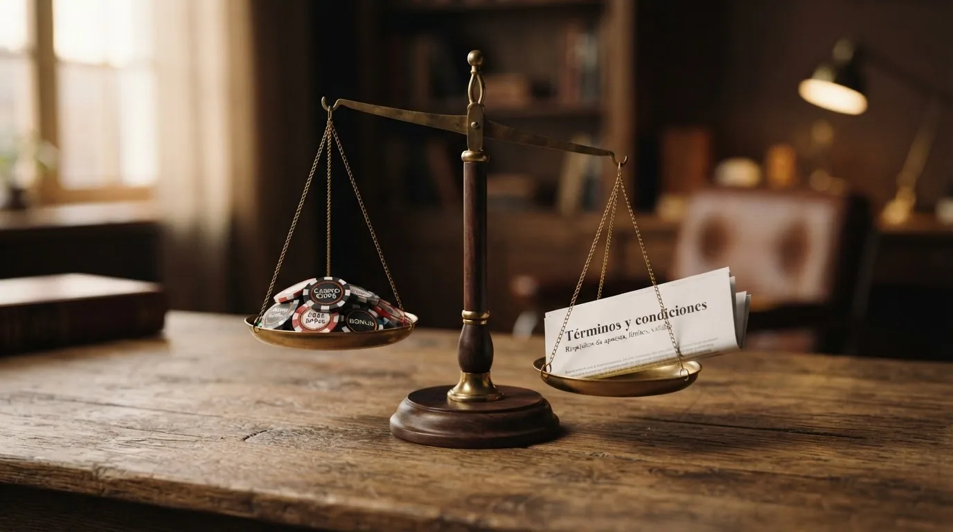 Una balanza con tiradas gratis en un platillo y términos y condiciones en el otro, equilibrada, con el texto «verifica, compara, decide»